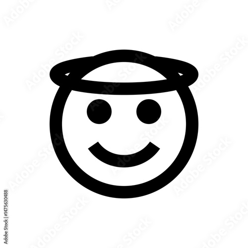 Angelic smiley face with a halo above its head in a simple black and white outline illustration style image