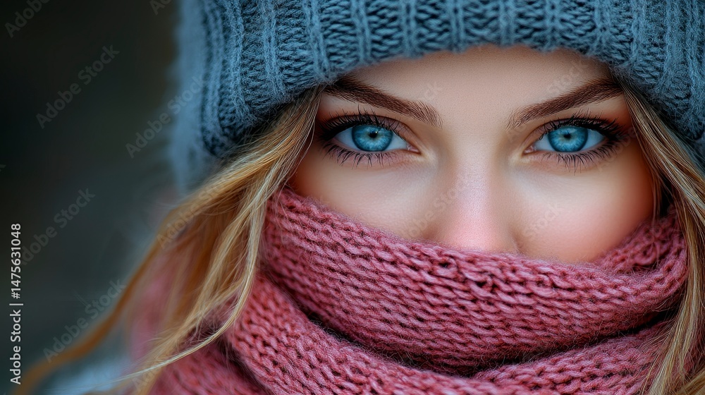 Bright blue eyes peering from a wool cap and scarf, face partially covered Bright blue eyes peering from a wool cap and scarf, face partially covered