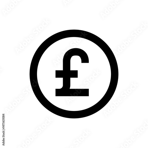 Illustration of a black pound sterling symbol centered within a black circle on a white background view