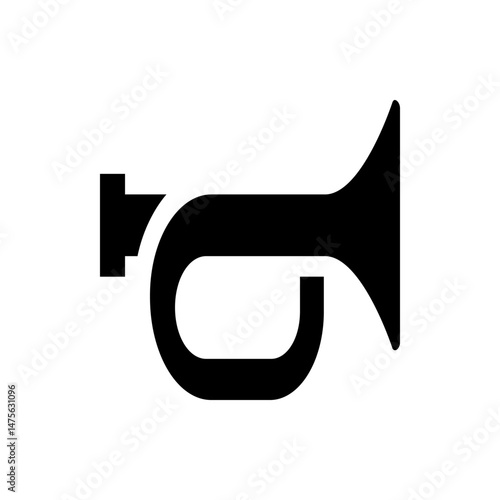 Illustration of a black bugle with a mouthpiece and a flared bell on a white background in simple style