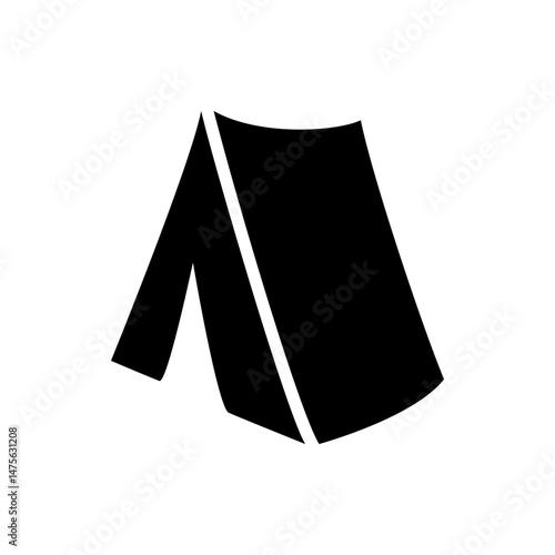 Illustration of a black camping tent with a white stripe dividing the front and side panels neatly presented