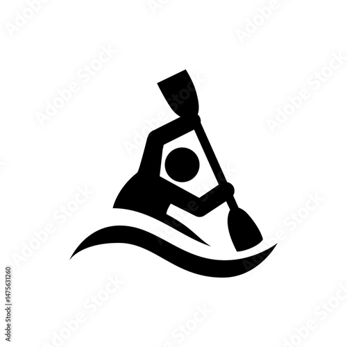 Silhouette of a person kayaking with a paddle on water waves in black and white simple graphic style