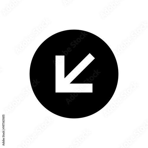 White arrow pointing down and to the left inside a black circle graphic representation design element