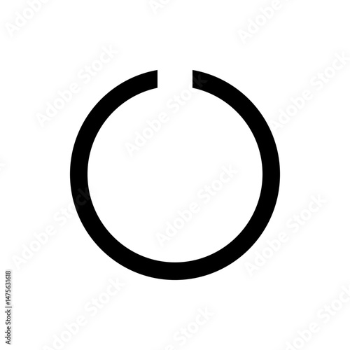 A black open circle with a gap at the top on a white background creating a simple graphic illustration
