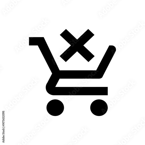 Black shopping cart icon with an x symbol indicating removal or cancellation of purchase precisely one hundred