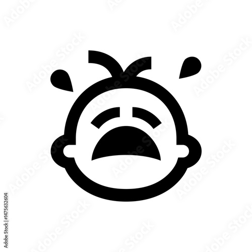 Illustration of a crying baby face with tears and mouth open in black and white simple vector design