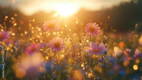 Summer Colorful Flower Meadow with Sunbeams and Bokeh Lights - Nature Background Banner for Greeting Cards, Social Media Covers, or Spring Wildflower Concepts