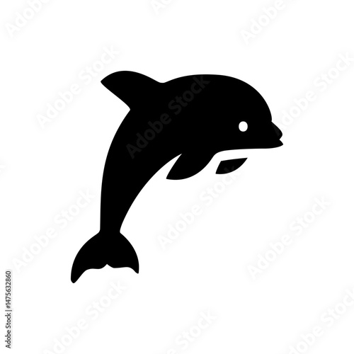 Silhouette illustration of a dolphin leaping upwards with visible eye and pectoral fins, tail flukes, and dorsal fin