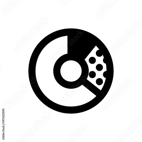 Circular graphic with a central circle, partial ring, and dotted sector in black and white design style