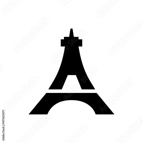 Silhouette of the eiffel tower with its distinctive architecture and a pointed spire against white background