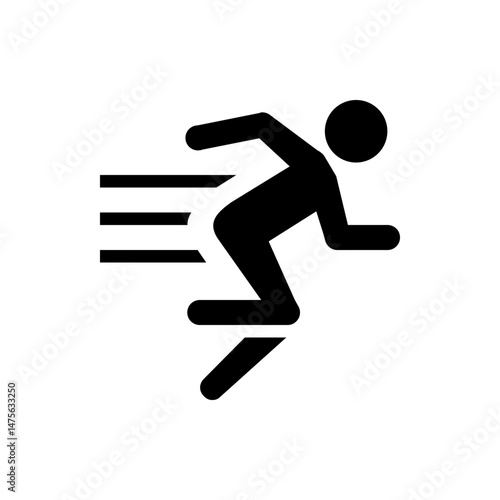 Silhouette of a stick figure running with speed lines indicating motion and movement on a white background