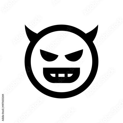 Illustration of a devil emoji with horns, evil eyes, and a mischievous grin on a white background circle