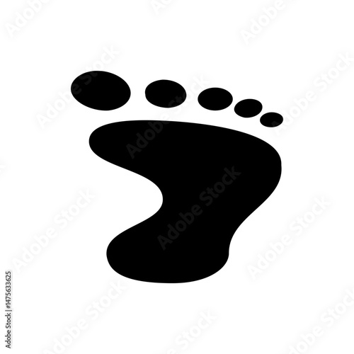 Illustration of a single black footprint with five toes on a white background in a simple vector graphic