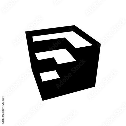 Isometric black cube with three white cutouts of varying sizes on its visible faces illustration