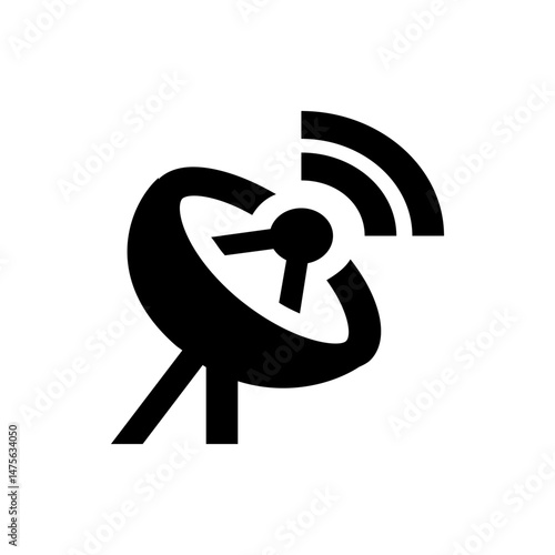 Illustration of a satellite dish with radiating signals in black and white simple communication icon