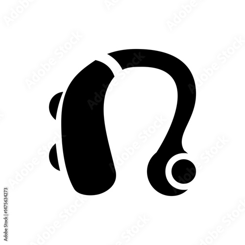 Illustration of a black hearing aid device with a curved design and visible speaker component detail shown
