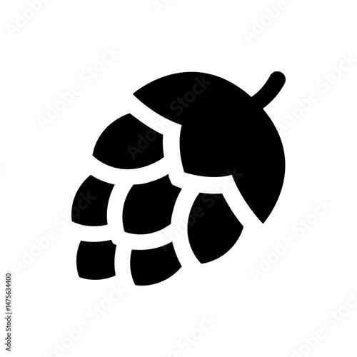 Illustration of a black hop cone with overlapping segments and a stem on a white background design element