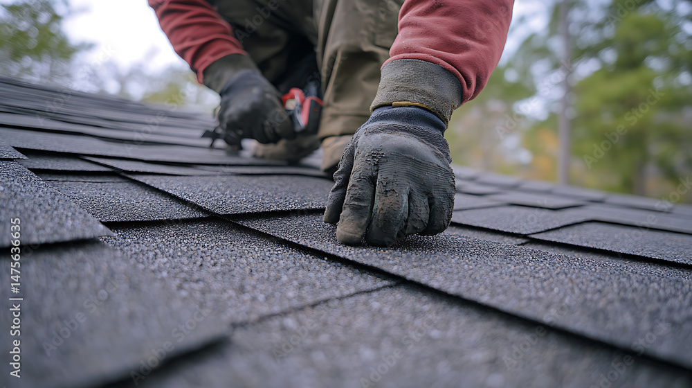 Roofing Contractor Installing Asphalt Shingles Roofing Contractor Installing Asphalt Shingles