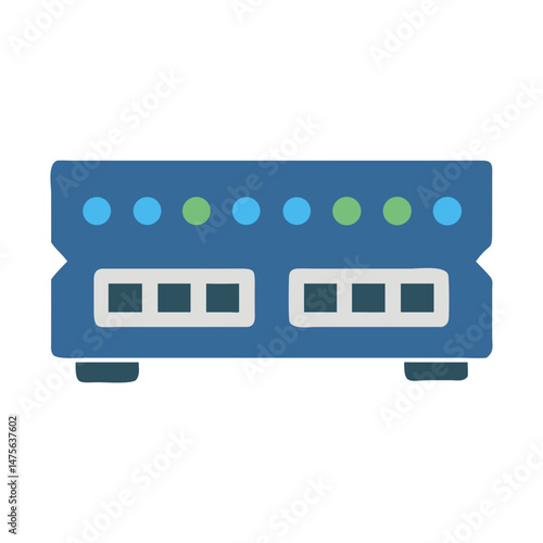 Blue Network Switch with Lights on Black Background