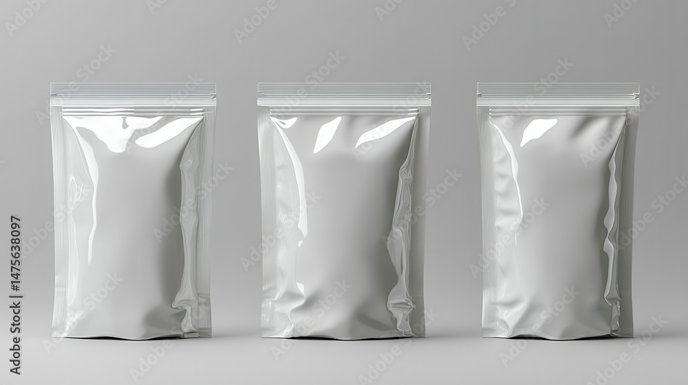 Three sealed pouches on a grey background, clean design, simple packaging Three sealed pouches on a grey background, clean design, simple packaging