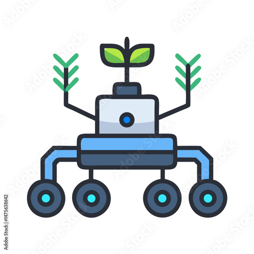 Cute robot cultivating plants, sustainable agriculture icon concept