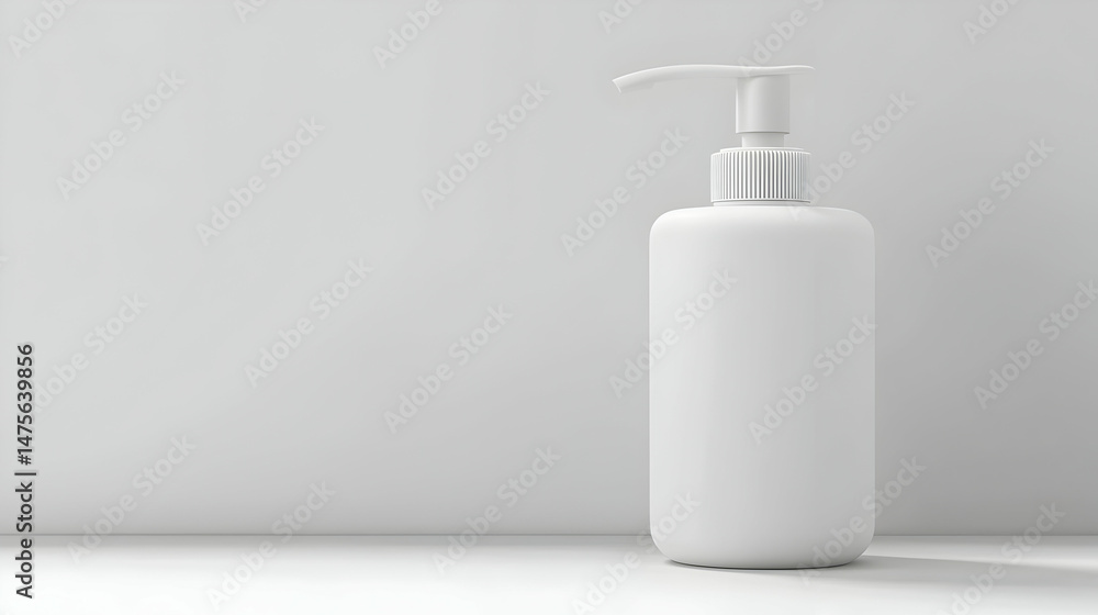 White pump bottle on white surface, minimalist background, product mockup, for packaging design