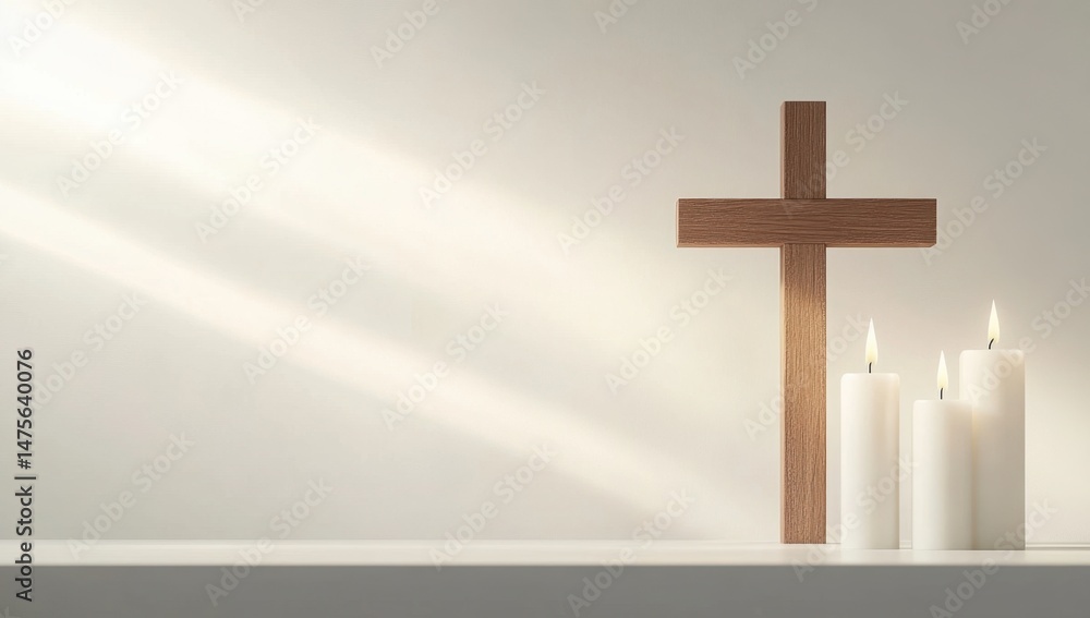 Naklejka premium A simple wooden cross and two white candles on the right side of an empty background, creating space for text Generative AI