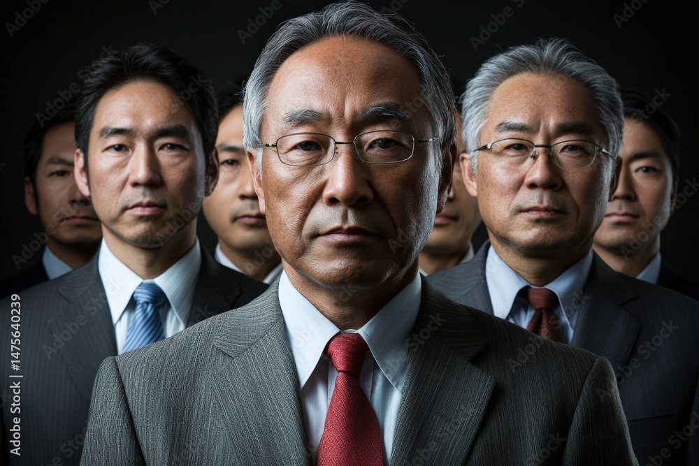 A Group of Professional Men in Business Attire Standing Confidently Together in a Dark Setting, Showcasing Themes of Leadership and Teamwork A Group of Professional Men in Business Attire Standing Confidently Together in a Dark Setting, Showcasing Themes of Leadership and Teamwork