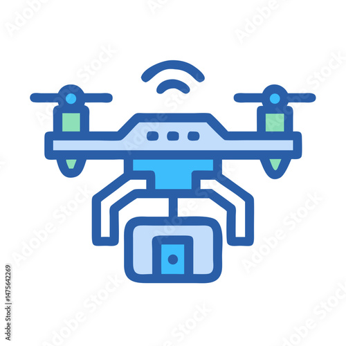 Blue Drone with Camera Icon on Black Background