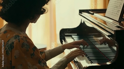 Teacher Guides Young Child in Piano Learning in Warm Classroom Setting
