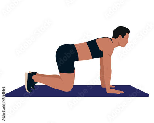 Man Doing Quadruped Exercise on Yoga Mat , Core and Glute Workout Vector Illustration.