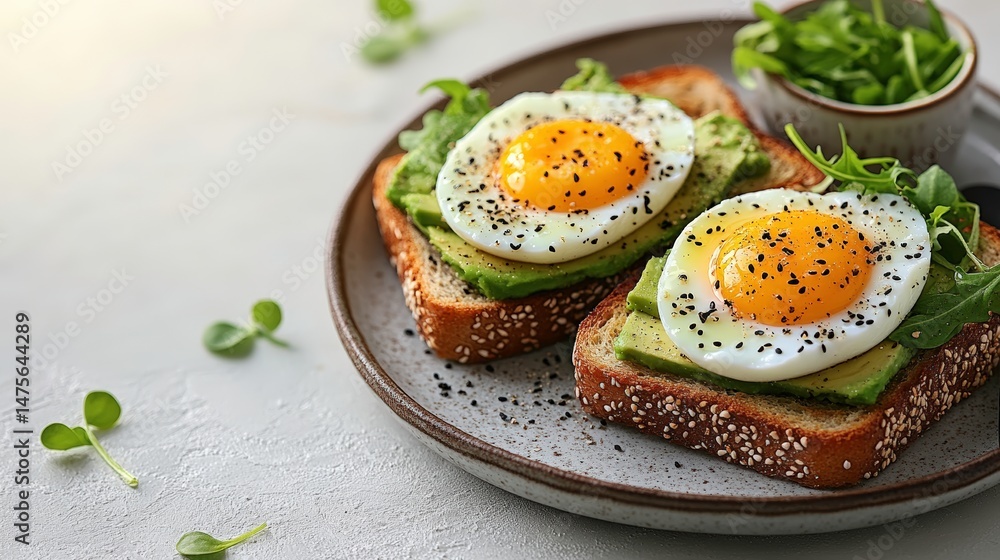 Delicious sunny side up eggs on avocado toast with fresh greens and pepper on a rustic plate, perfect for a healthy breakfast or brunch scene Delicious sunny side up eggs on avocado toast with fresh greens and pepper on a rustic plate, perfect for a healthy breakfast or brunch scene