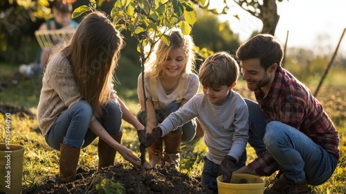 Family Bonding While Planting a Tree Together in Nature