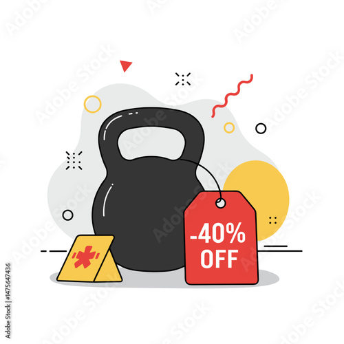 Fitness Kettlebell with 40% Discount Tag, Sports Promotion, Exercise Equipment Sale for Marketing, Advertising, Gyms, Online Retailers