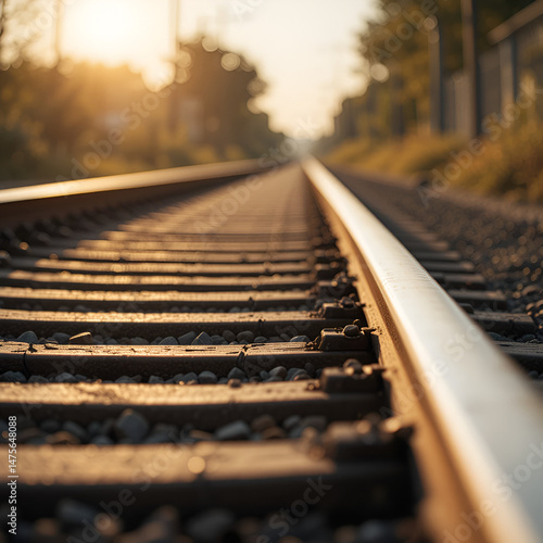 Close up and selective focus photo of railway track or railroad or rel kereta api with morning sunlight. :