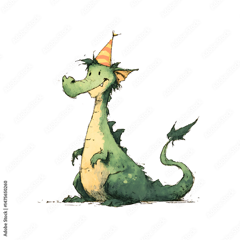 Fototapeta premium Party dragon: A green dragon celebrates with a striped cone hat, sitting cheerfully with a playful smile.