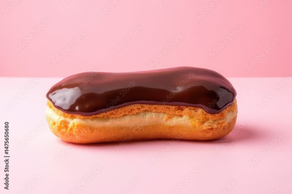 Tempting Chocolate Éclair on Soft Pink Background: Clean Food Photography with Studio Glow Tempting Chocolate Éclair on Soft Pink Background: Clean Food Photography with Studio Glow