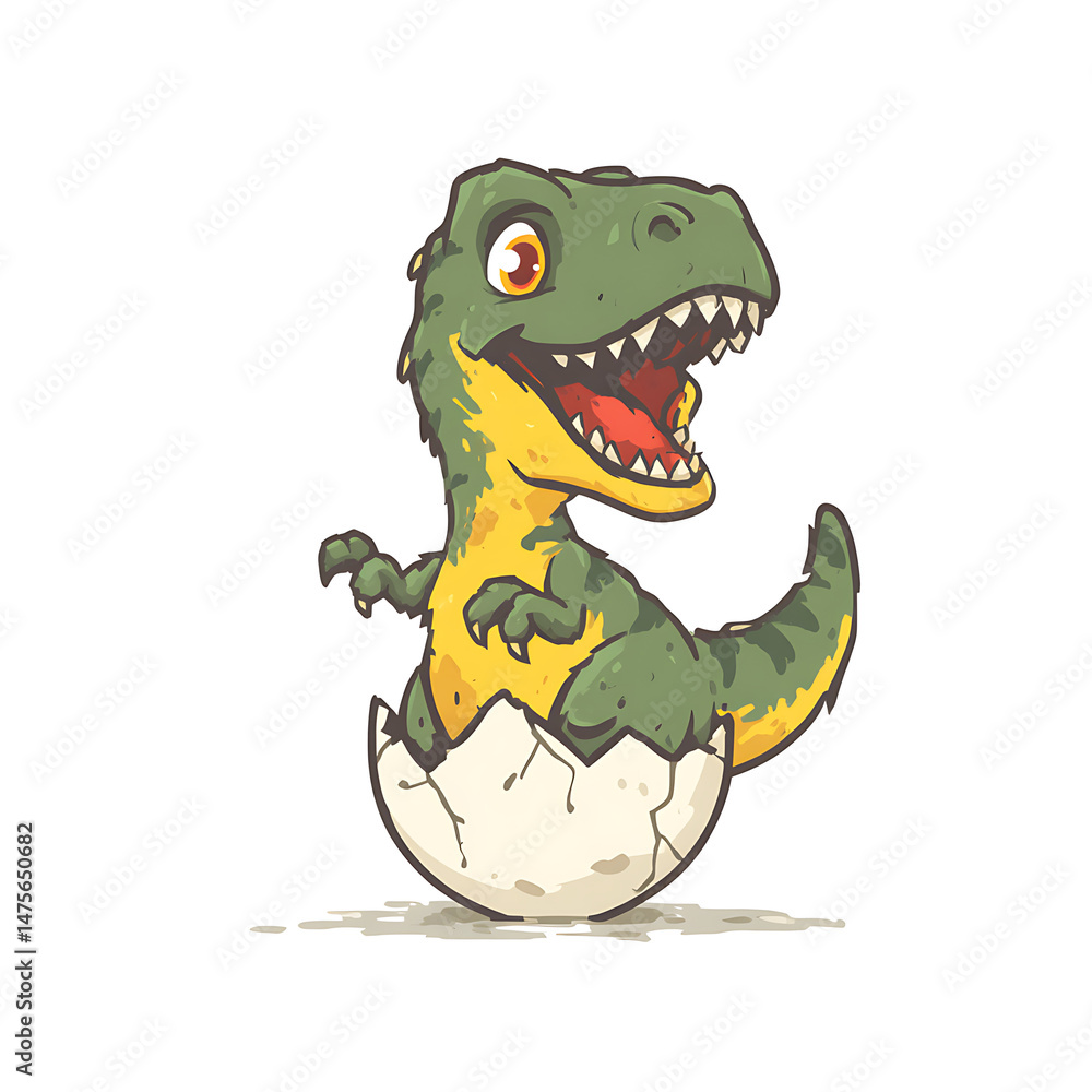 Fototapeta premium Cartoon tyrannosaurus rex hatching from a cracked egg, vibrant colors, humorous, vector illustration