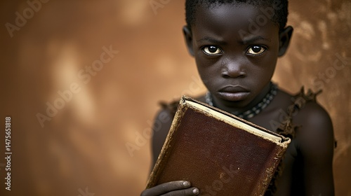 Young African Boy Holding Book Close to Chest with Hopeful Eyes