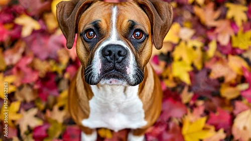Autumn Boxer:  A brindle boxer dog with a white chest looks directly at the camera with big brown eyes, surrounded by colorful autumn leaves in a vibrant portrait.  