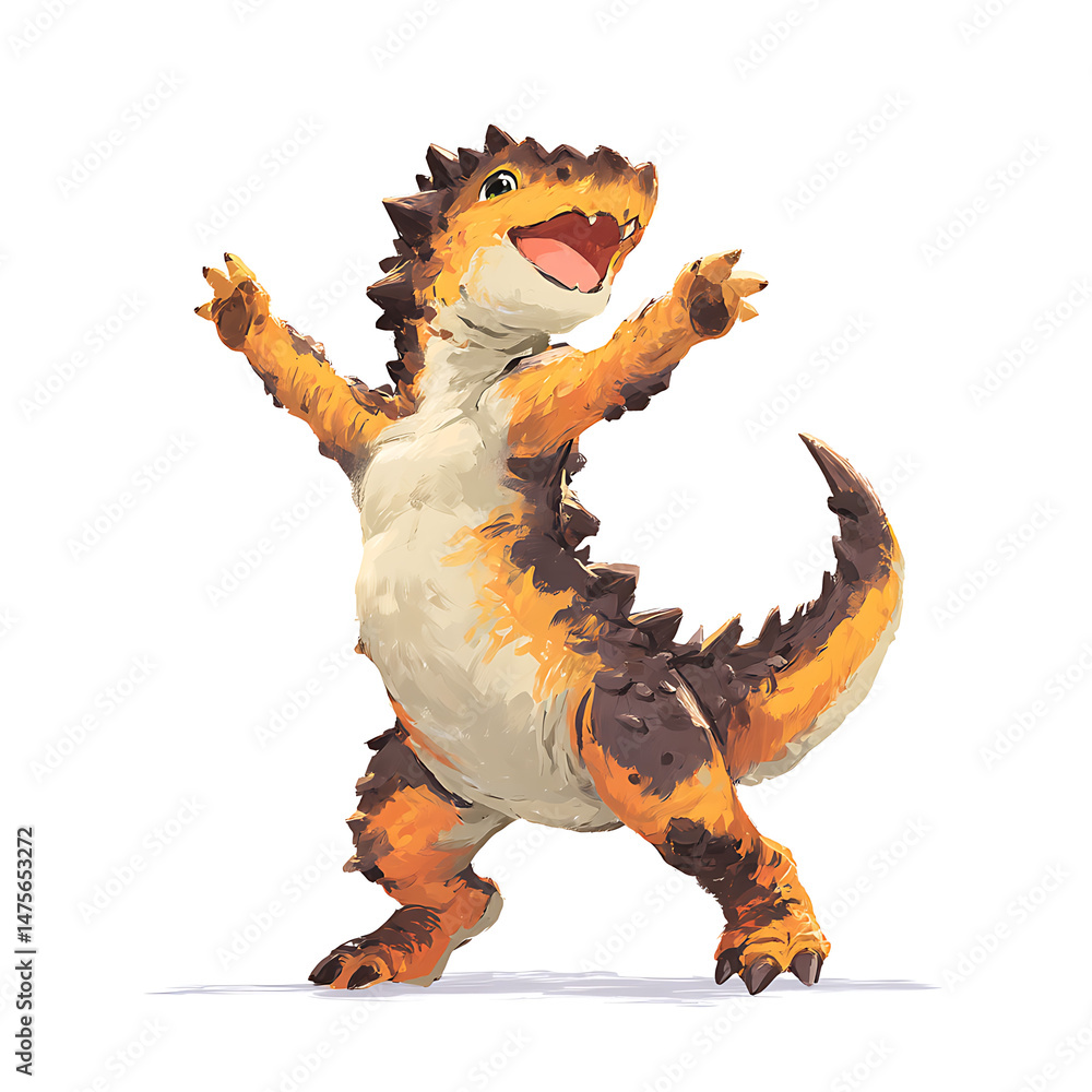 Fototapeta premium Happy spiky cartoon creature with arms raised stands on a white background, looking joyful and excited.