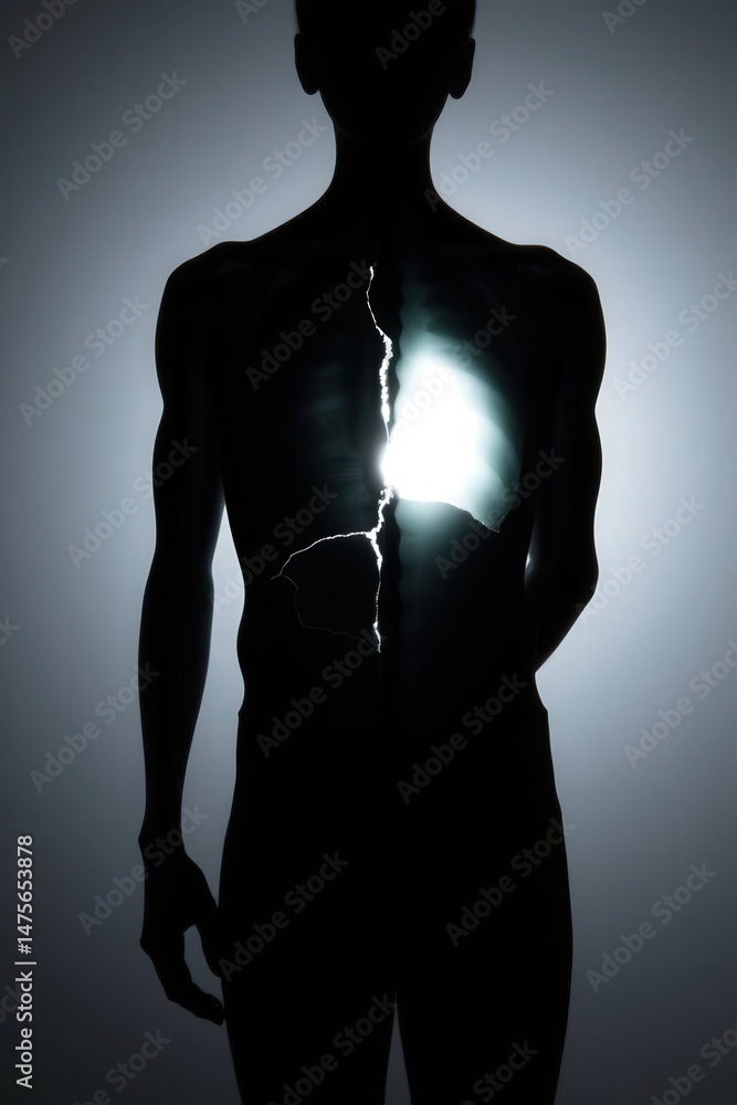 Fototapeta premium Silhouette of a person with light revealing a cracked chest.