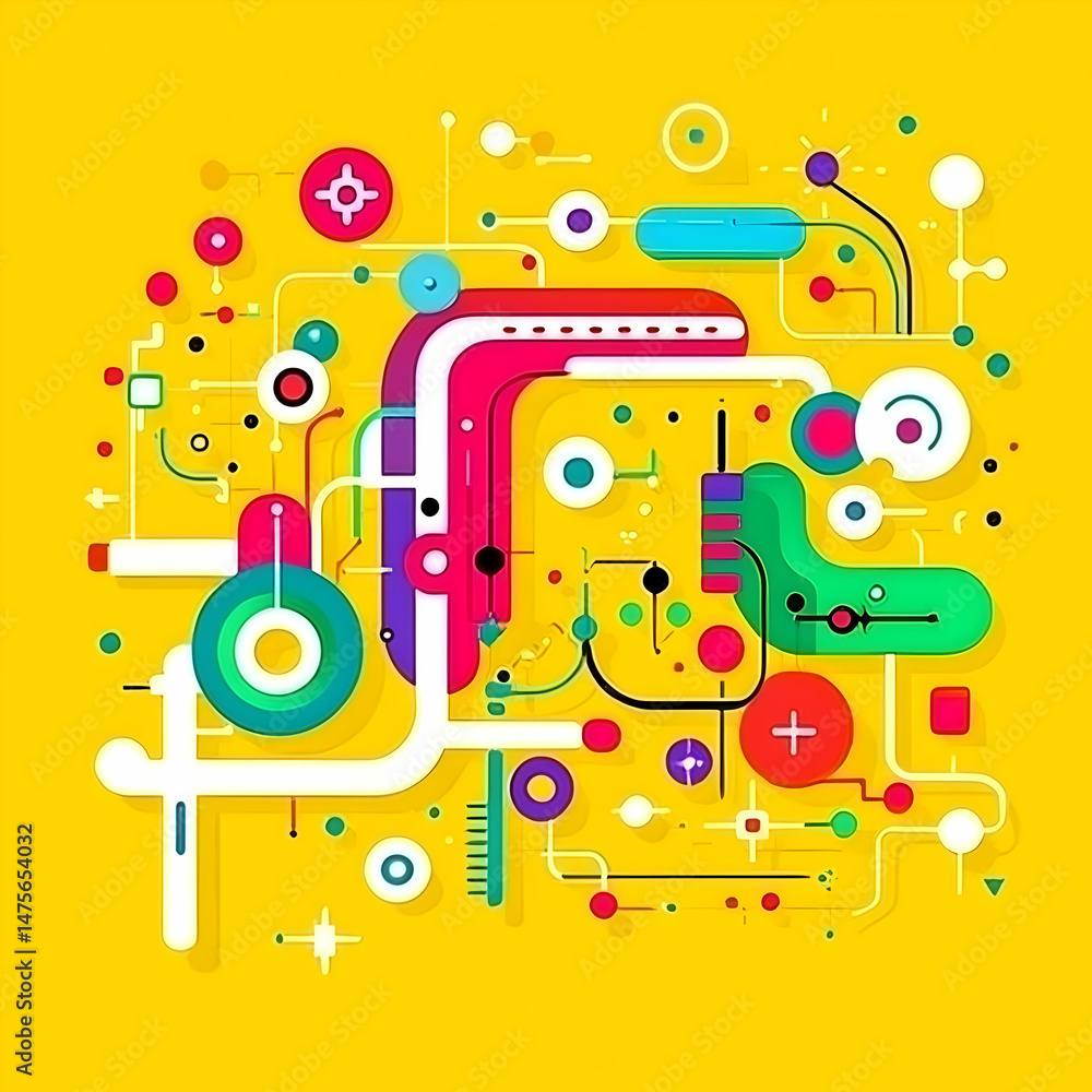 Fototapeta premium Abstract colorful network design, technology background, vibrant connections, digital illustration, website header