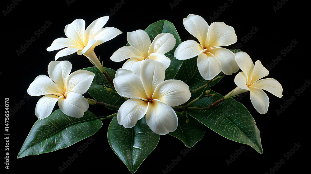 Fototapeta premium Elegant arrangement of white plumeria flowers with green leaves beautifully isolated against a dark background.