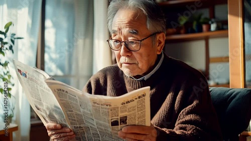 Serene Senior Reads Newspaper in Sunlit Home