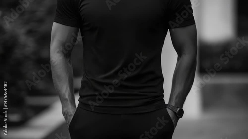 Black t-shirt mockup featuring a fit male model in urban setting, concept of modern apparel promotion