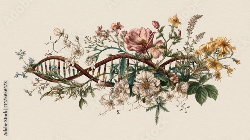 An artistic rende presents a DNA double helix interwoven with detailed floral elements creating a natural fusion of science and nature in harmonious balance.
