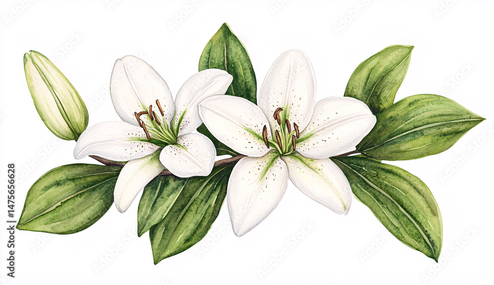 Naklejka premium Watercolor illustration of two white lilies with green leaves isolated on a transparent background image.