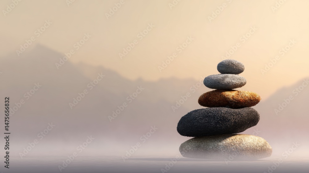 Stacked zen stones on a misty surface create balance and harmony against a blurred mountain backdrop, evoking peace, tranquility, and a meditative state. Stacked zen stones on a misty surface create balance and harmony against a blurred mountain backdrop, evoking peace, tranquility, and a meditative state.
