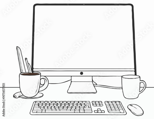 Minimalist Line Art Illustration of Desktop Computer Setup with Monitor, Keyboard, Mouse and Coffee Cup for Productivity Blog Header.